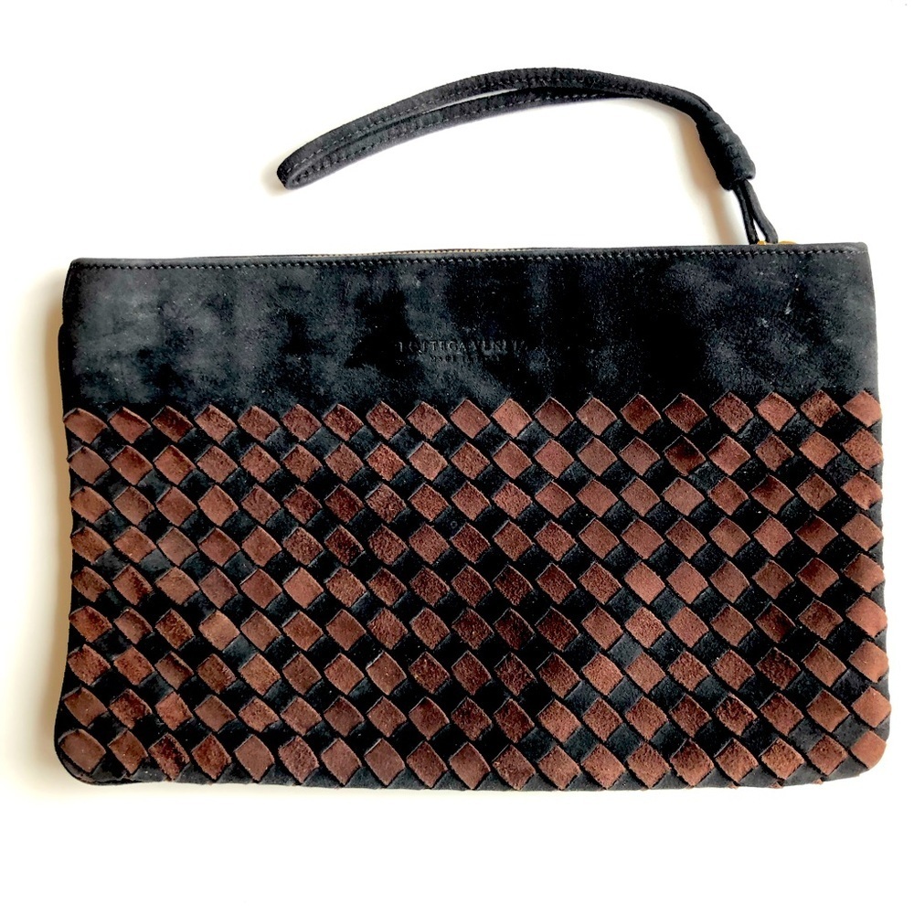 Bottega Veneta Intrecciato Brown Black Woven Suede Leather Wristlet Clutch Bag